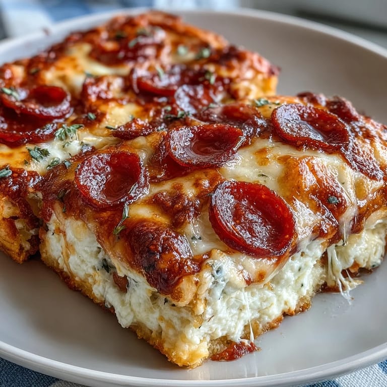 Sliced High-Protein Pizza Breakfast Casserole reveals fluffy baked eggs and a firm yogurt crust on a white plate.
