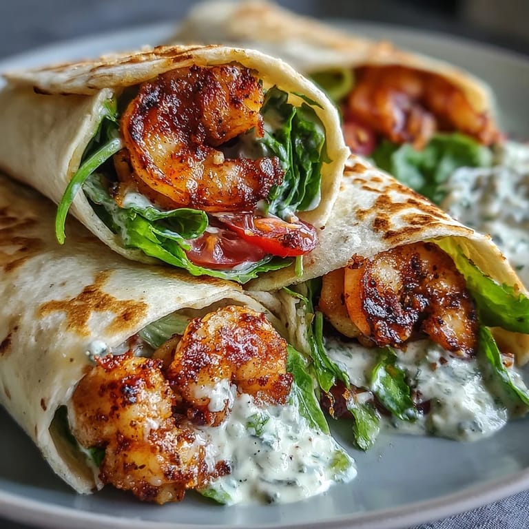A close-up of golden grilled shrimp, shaved Parmesan, and creamy Caesar dressing on romaine in Grilled Shrimp Caesar Wraps.