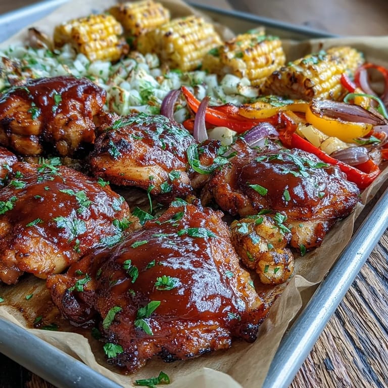A close-up of Sheet Pan BBQ Chicken, juicy chicken thighs with charred edges beside caramelized peppers and corn on the cob.