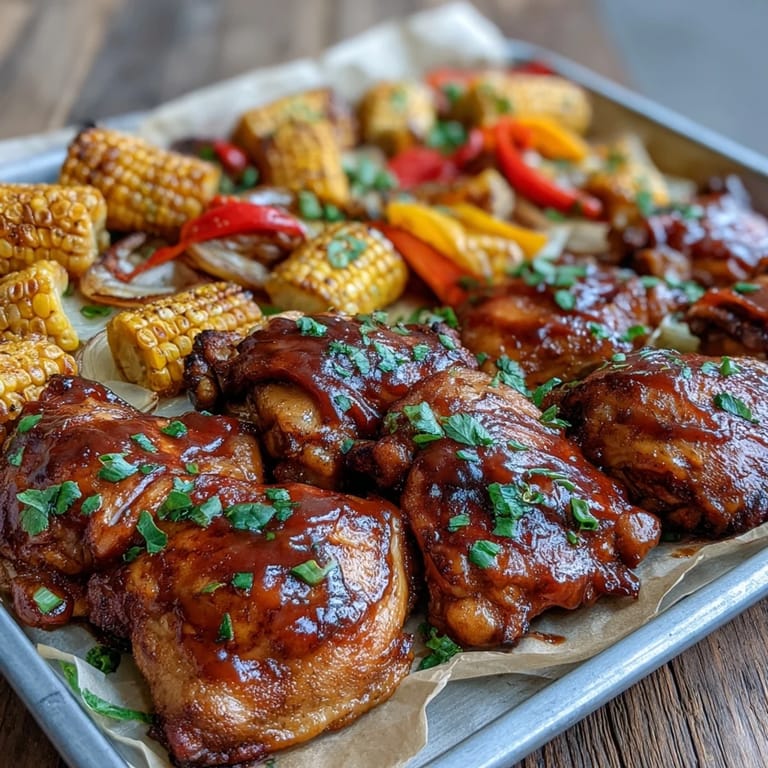 Family-style Sheet Pan BBQ Chicken served with tender roasted corn and bell peppers, perfect for a quick weeknight dinner.