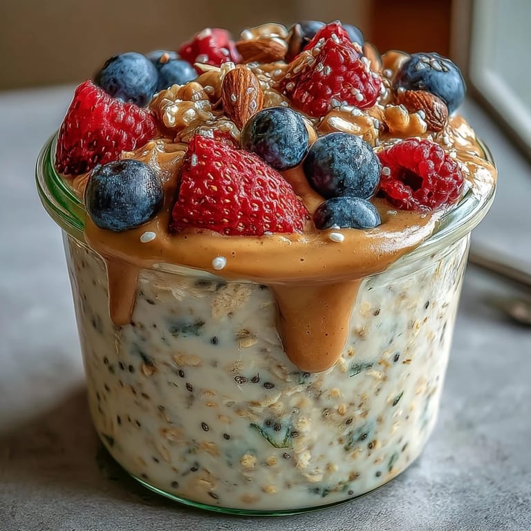 Overnight oats in a mason jar topped with strawberries and blueberries, with a thick almond butter swirl ready to stir into the creamy oats.