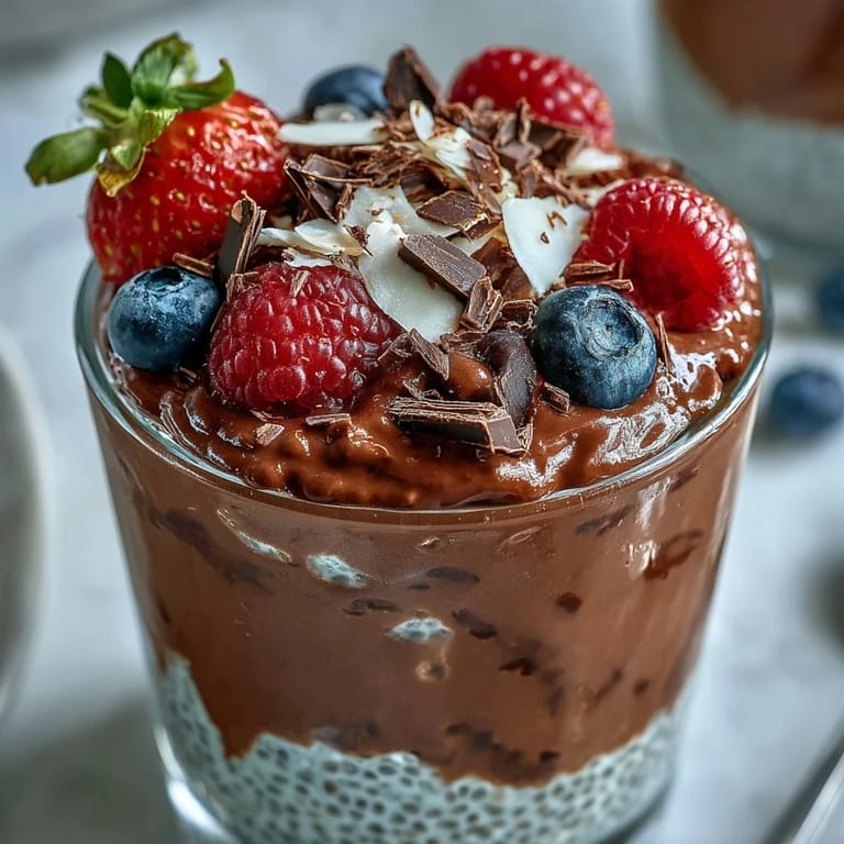 A spoon digs into creamy Vegan Chocolate Chia Pudding Parfaits with Coconut Whip beside fresh strawberries.