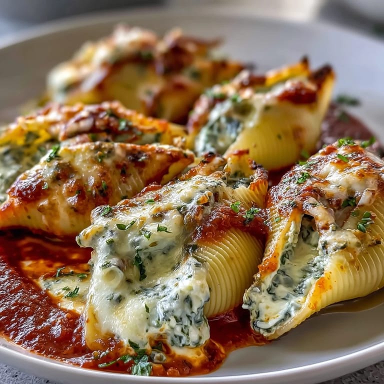 Fresh basil garnish tops saucy jumbo pasta shells filled with creamy chicken mixture.
