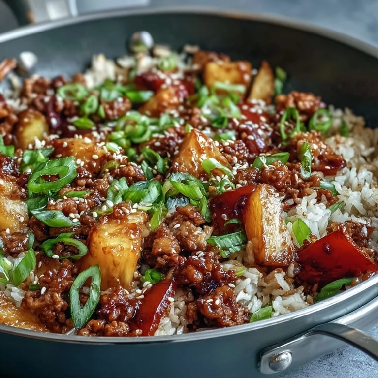 Golden rice and Korean-spiced ground turkey in a Sweet-and-Sour Turkey Rice Skillet, offering a sweet, tangy, and savory aroma.