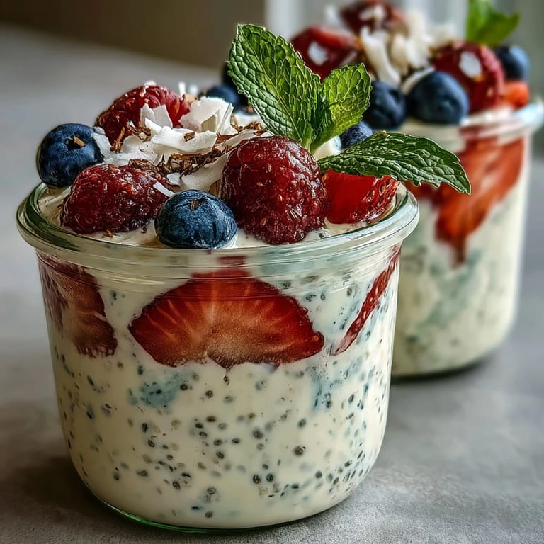 Vibrant layers of chia seed pudding and seasonal berries in glass jars, perfect for nutritious on-the-go snacks.  