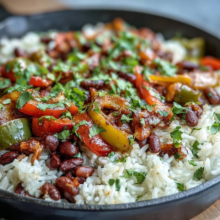 Vibrant vegan fajita rice skillet featuring tender rice, fajita veggies, and black beans, topped with creamy avocado slices.