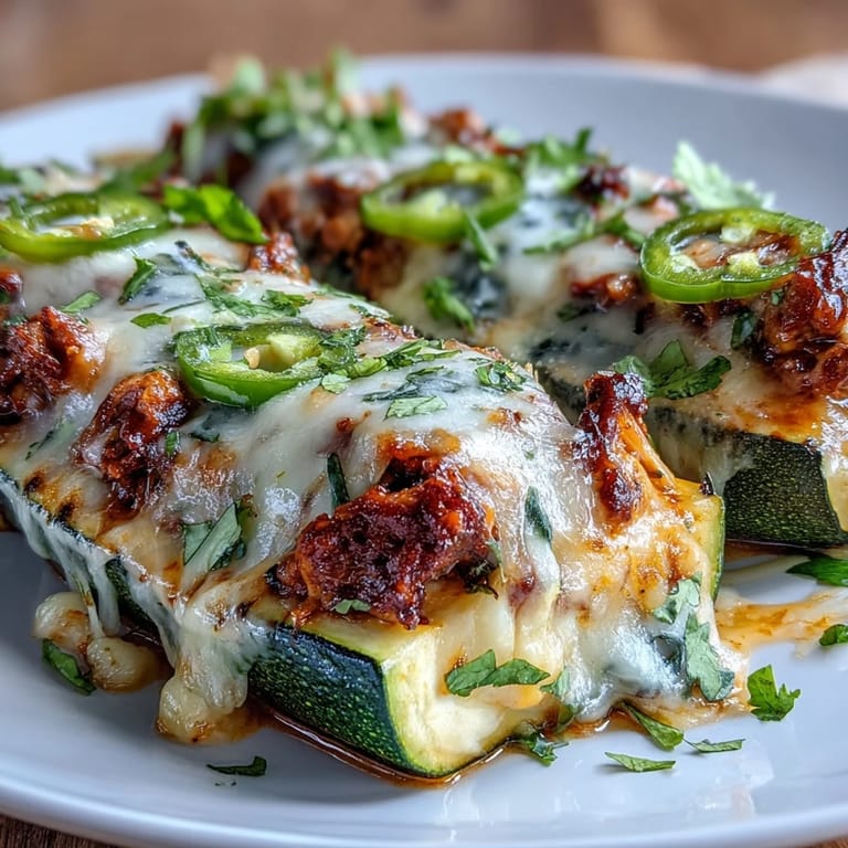 Baked zucchini stuffed with shredded chicken, enchilada sauce, and gooey melted cheese.  
