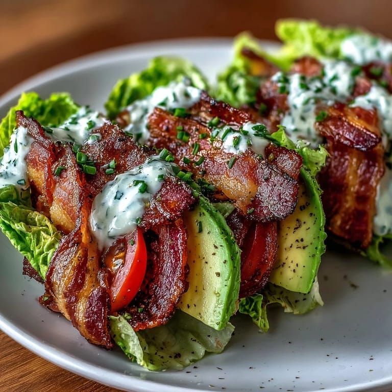 Savory Keto BLT Lettuce Wraps with Garlic Mayo and Cracked Pepper, highlighting smoky bacon, creamy avocado, and fresh tomato slices nestled in crisp lettuce leaves, drizzled with zesty garlic mayo and cracked black pepper.