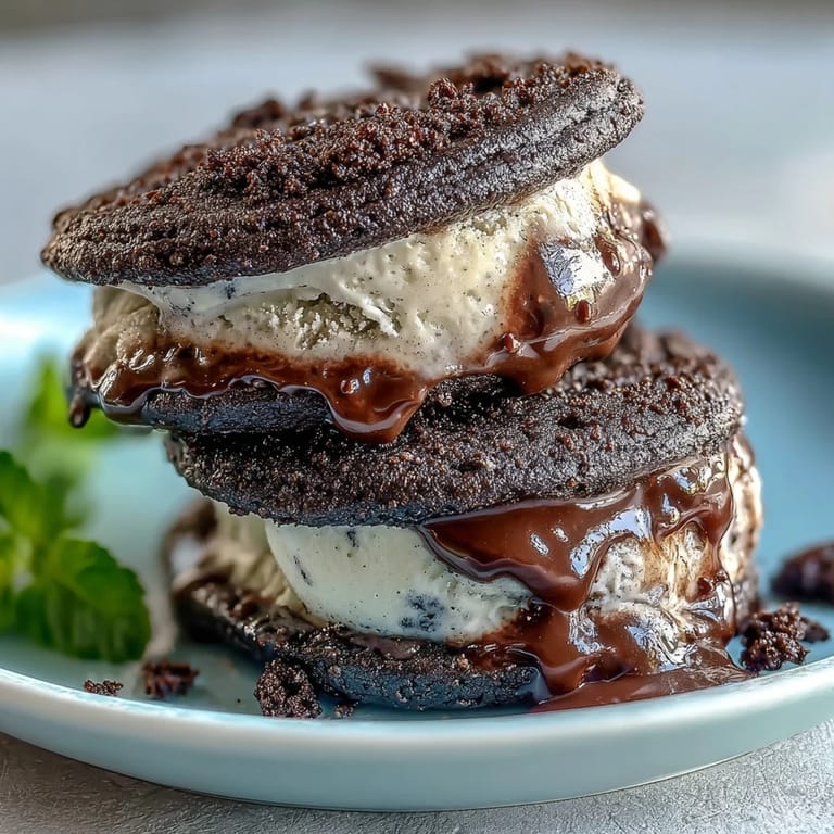 Chewy black sesame cookies sandwiching rich black sesame ice cream, creating a nutty, visually dramatic frozen treat.