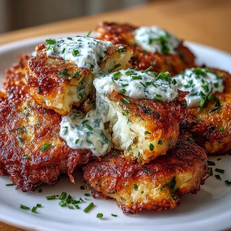 Golden herb potato fritters sizzling in a skillet, topped with creamy sour cream and fresh chives for a comforting appetizer.  