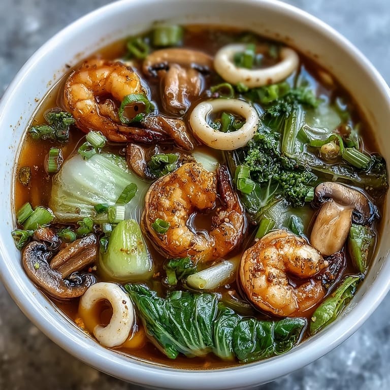 Steaming seafood hot pot filled with shrimp, fish, squid, and crisp vegetables in a fragrant Asian broth, ready for table-side cooking.