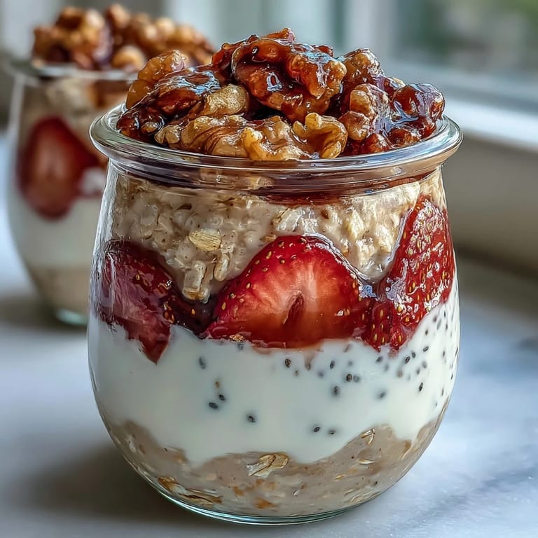 Creamy overnight oats topped with juicy strawberries and golden candied walnuts, a nourishing and make-ahead breakfast treat.