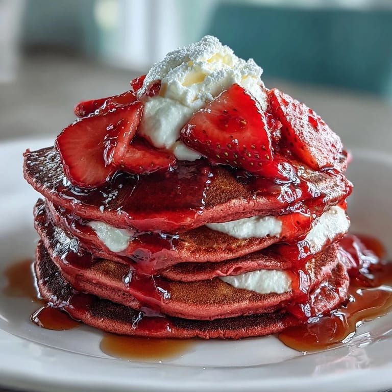 Stack of naturally pink pancakes with beetroot, drizzled with strawberry compote and garnished with sliced strawberries.