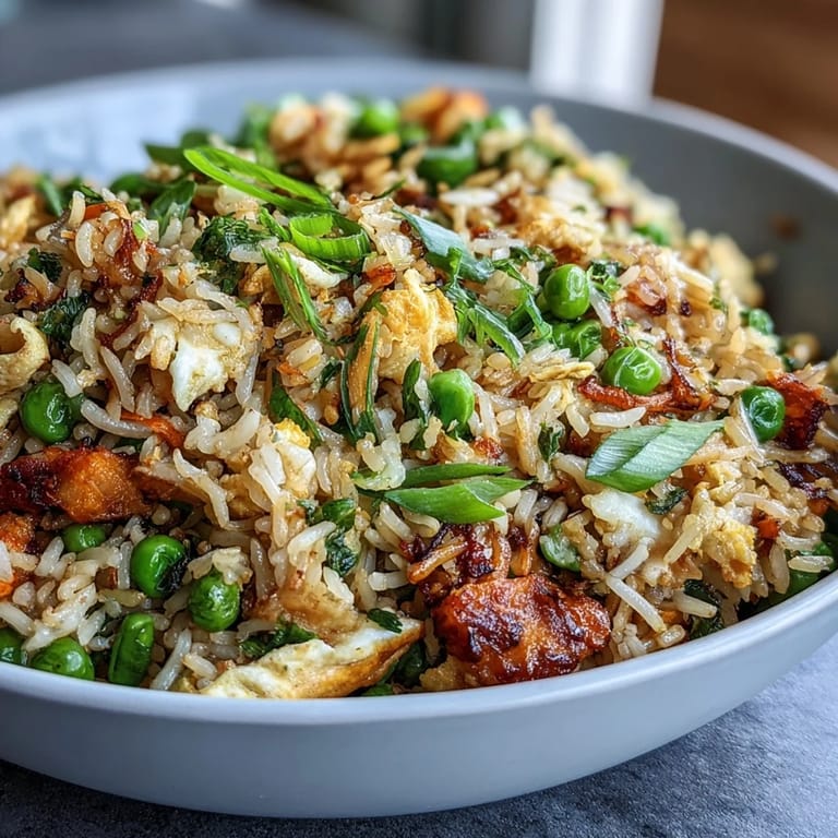 Golden fried rice loaded with spring vegetables, including peas and carrots, served hot with a sprinkle of green onions.