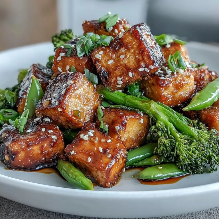 Crispy tofu and colorful vegetables stir-fried in homemade teriyaki sauce, served with sesame seeds for a flavorful plant-based meal.