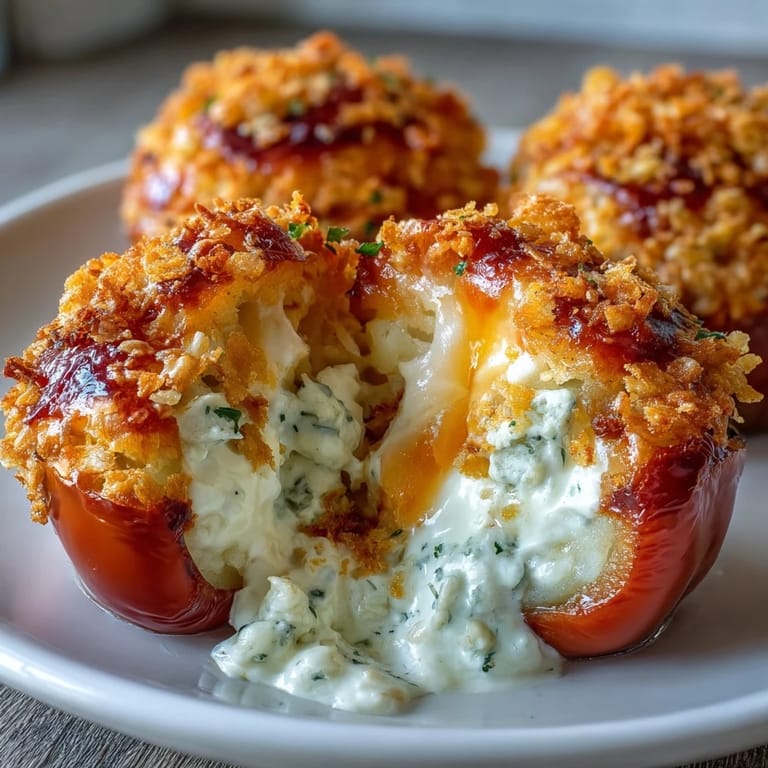 Classic funeral potatoes transformed into a vegetarian stuffed pepper dish with cheesy hash brown filling and crunchy topping.
