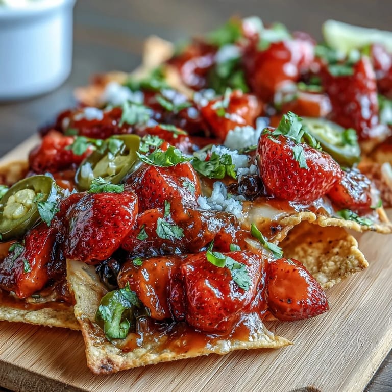 Vibrant platter of nachos topped with strawberry salsa, black beans, avocado, and fresh cilantro, ideal for easy summer entertaining.