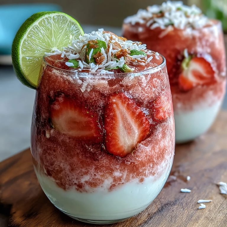 Creamy and refreshing strawberry coconut daiquiri smoothie, perfect for a tropical-inspired, vegan-friendly treat.  