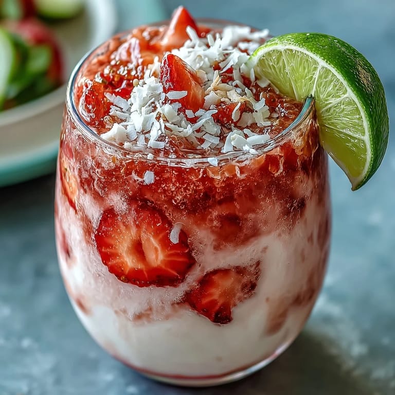 A chilled glass of strawberry coconut daiquiri smoothie, garnished with shredded coconut and fresh strawberry slices.
