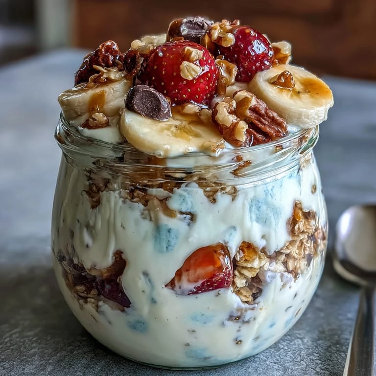 Layered Yogurt Banana Split Breakfast Jar with creamy Greek yogurt, sliced bananas, and chocolate chips.