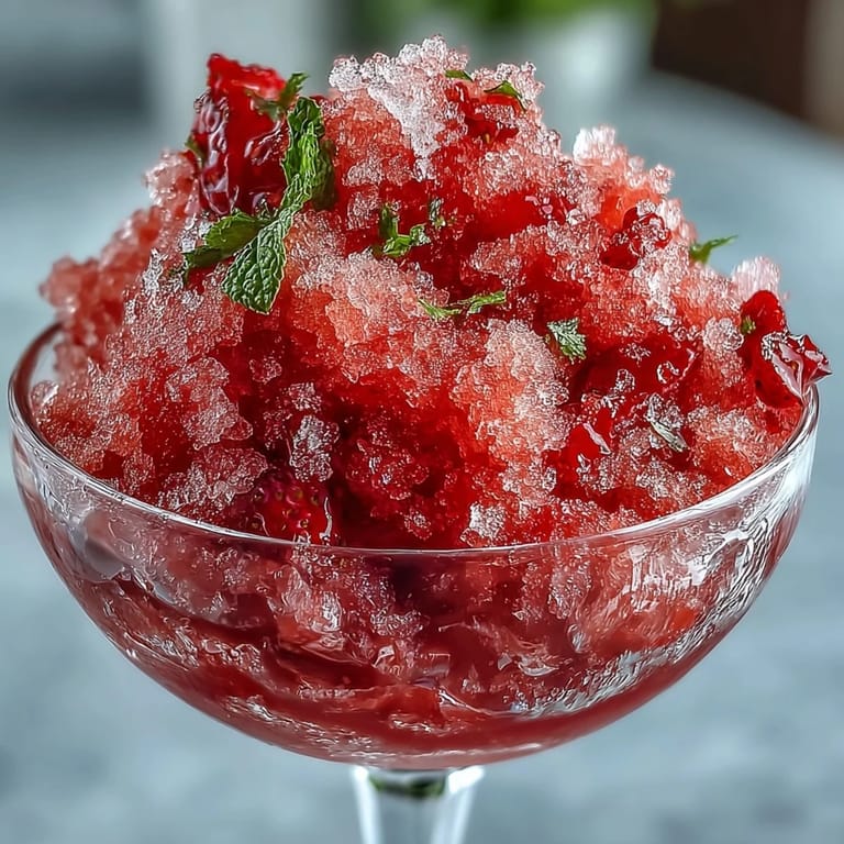 A frosty, rum-infused strawberry lime granita dessert served in elegant cups for summer entertaining.  