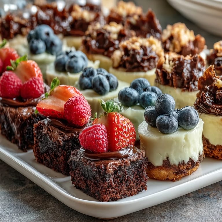 Elegant dessert bar featuring bite-sized treats: mini fruit tartlets, creamy cheesecake cups, and rich brownie bites, perfect for entertaining guests.