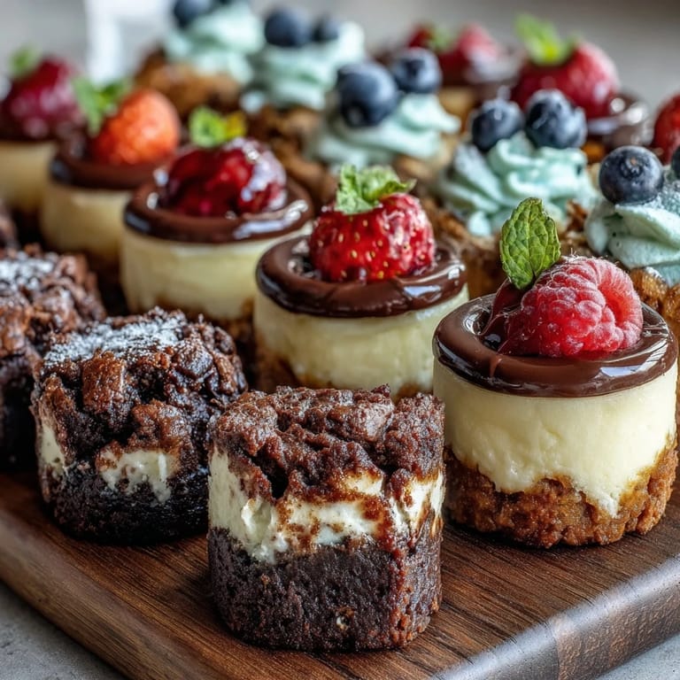 Colorful assortment of mini desserts including lemon cheesecake cups, fudgy brownie bites, and berry-topped tartlets for a festive housewarming spread.  