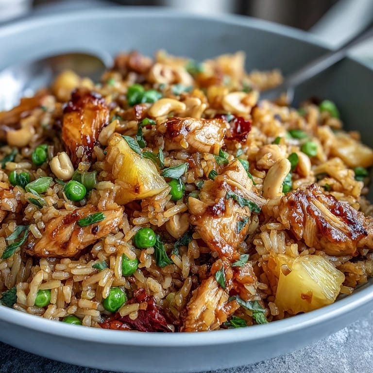 Close-up of Hawaiian pineapple chicken fried rice showcasing juicy pineapple chunks, diced chicken, and vibrant bell peppers mixed with jasmine rice.