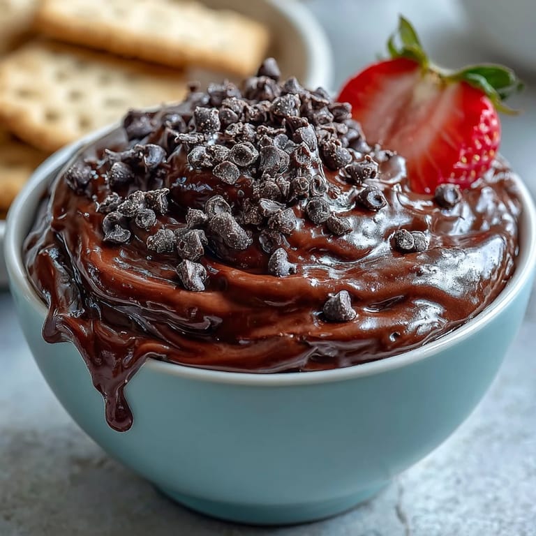 A healthy dessert dip blending cottage cheese and almond butter, studded with chocolate chips and served with colorful mixed fruit.