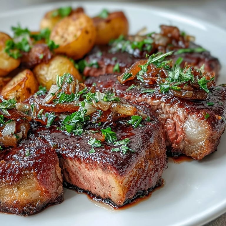 Flavorful garlic butter coats each bite of steak and potato, finished with fresh herbs for a satisfying American dinner.