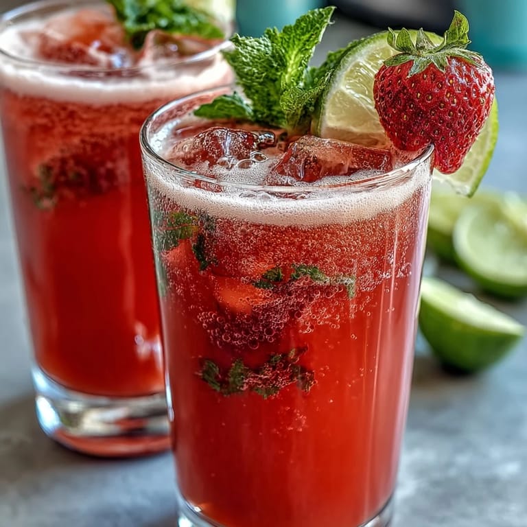 Refreshing spring cocktail-inspired pink lemonade punch with sparkling bubbles and fresh strawberry garnish, ideal for parties.