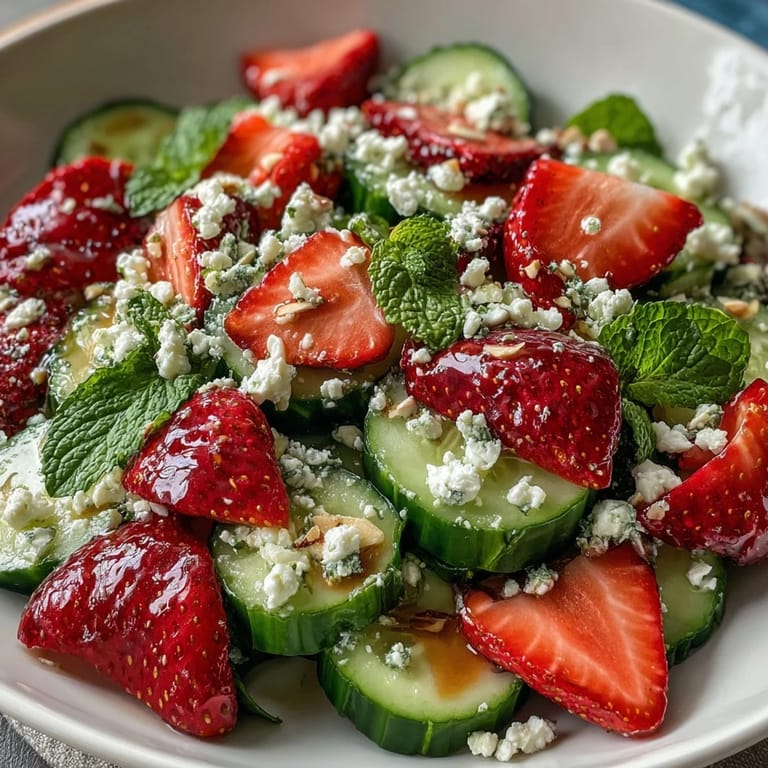 Crisp cucumber slices and juicy strawberries tossed with fragrant mint, offering a light and colorful springtime salad perfect for any meal.