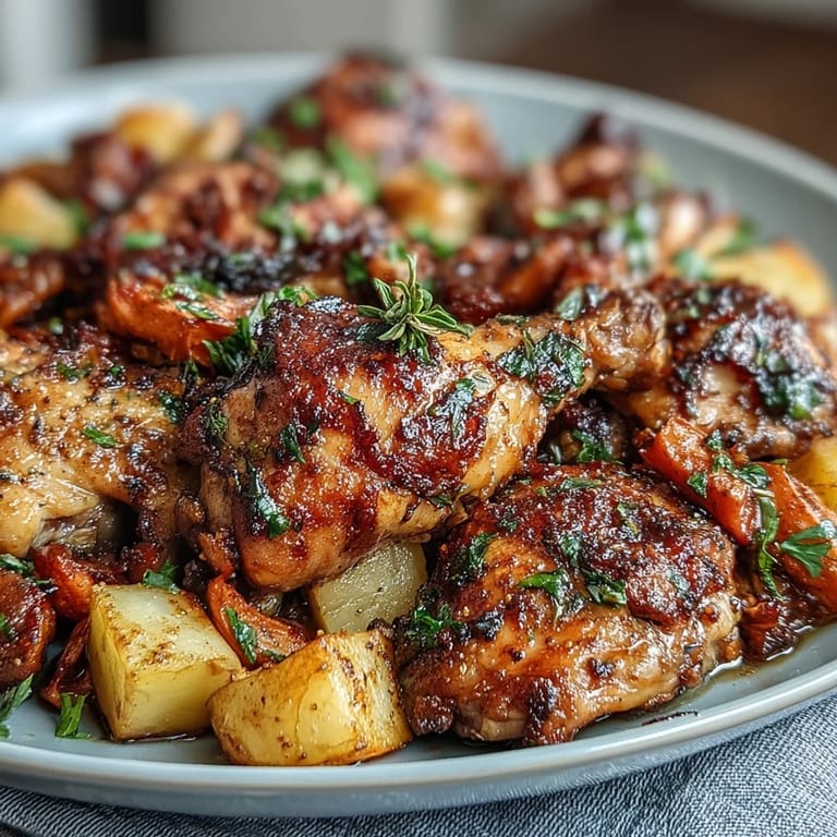 Herb-marinated chicken thighs and root vegetables create a vibrant, one-pan dinner, with crispy skin and tender, caramelized veggies for a comforting, wholesome meal.