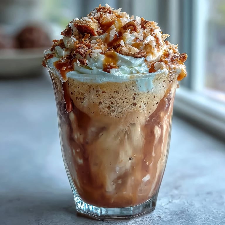 Blended iced coffee drink featuring real vanilla bean, crowned with a luscious, airy coconut milk foam.