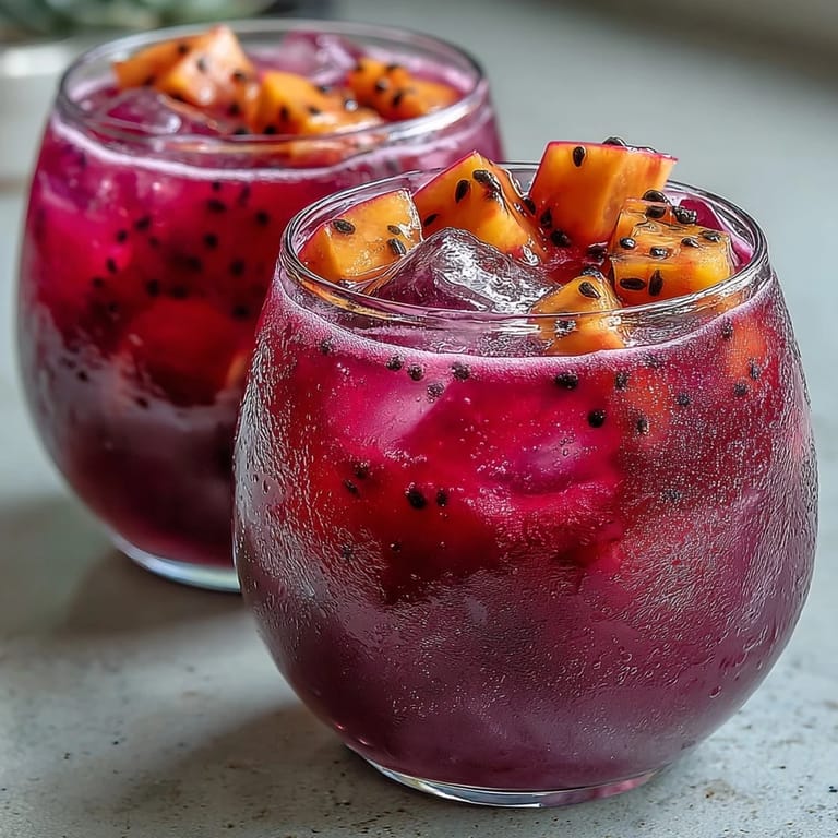 Easy mango dragonfruit refresher, a colorful and fruity iced drink perfect for hot summer days, garnished with fresh fruit.