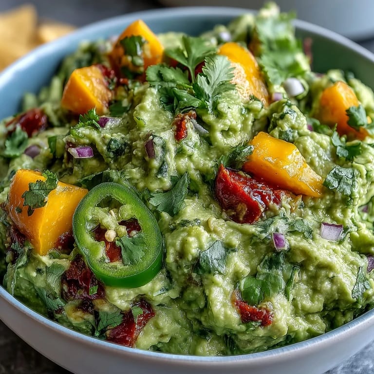 Easy mango jalapeño guacamole recipe, rich avocado base with juicy mango chunks and fresh cilantro, served with crispy tortilla chips.