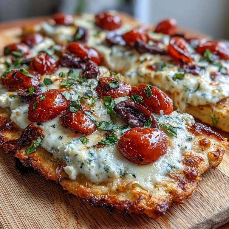 Easy cottage cheese flatbread pizza featuring a tender, cheesy base loaded with classic pizza toppings and herbs.