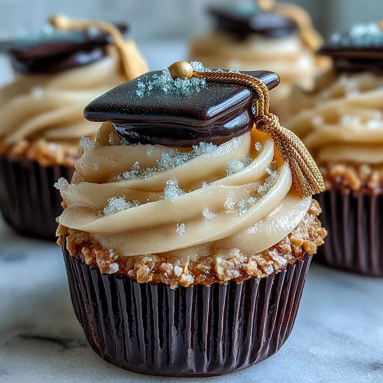 Elegant Graduation Cupcakes crowned with handmade black and gold graduation caps.