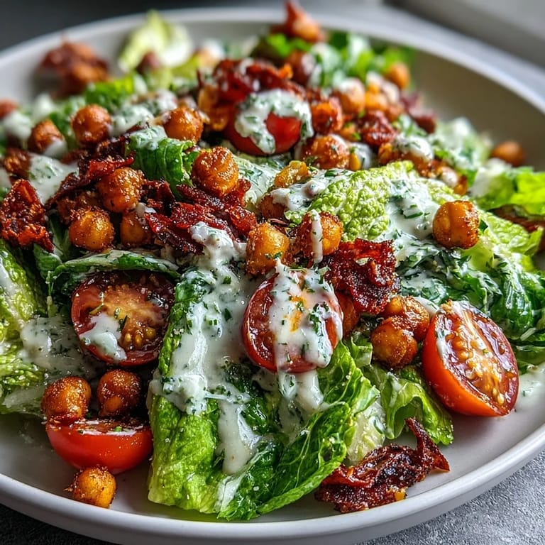 Fresh Vegan Caesar Salad featuring flavorful dressing and satisfying, protein-packed chickpea croutons.