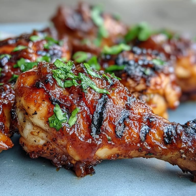 Tender, grilled BBQ chicken drumsticks coated in flavorful, sweet peach glaze.