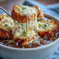 Hearty French onion soup with caramelized onions and melted Gruyere sourdough crostini, served steaming hot in rustic bowls.