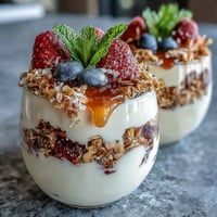 Fresh and colorful yogurt parfait bar with mixed berries and crunchy granola for a Mothers Day brunch celebration.