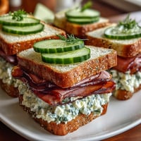 A platter of Kentucky Derby tea sandwiches featuring cucumber, egg salad, and ham on fresh bread.