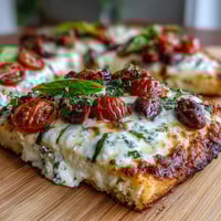 High-protein cottage cheese flatbread pizza with melty mozzarella and fresh basil on a golden oat crust.  