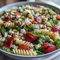 Vibrant spring pasta salad with strawberries, feta, and arugula, bursting with fresh flavors and colors.  